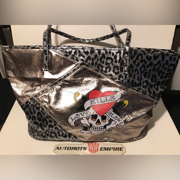 Vintage Womens ED HARDY Leopard Cheetah Love Kills Slowly Skull Shoulder Bag lv - Picture 2 of 12